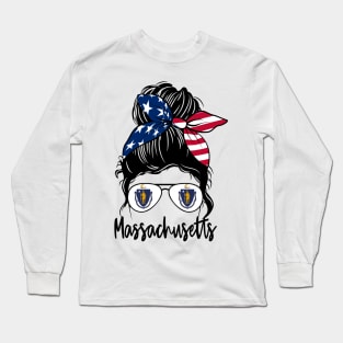 Massachusetts girl Messy bun , American Girl , Massachusetts Flag Long Sleeve T-Shirt